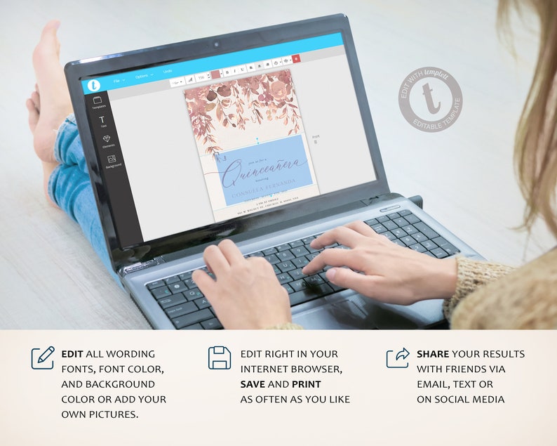 May include: A laptop computer screen shows a digital template for a Quincea&ntilde;era invitation. The template features a watercolor floral design with pink and peach flowers and leaves. The text on the template reads "Quincea&ntilde;era" in a cursive font. The text "EDIT WITH Template EDITABLE TEMPLATE" is visible in a circle on the right side of the screen.