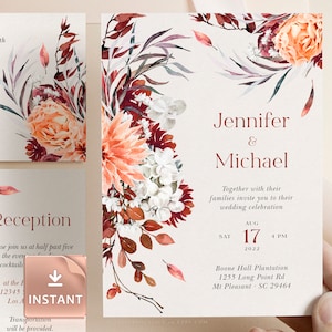 SHAYNE - Fall Wedding Invitation Template, Fall Burnt Orange Greenery Invites, Boho Fall Invitations, Printable DIY Wedding Templates