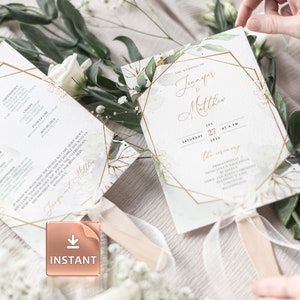 Può includere: Ventaglio del programma della cerimonia di matrimonio con una cornice geometrica dorata e un design floreale ad acquerello. Il testo recita "The Wedding of Jennifer & Matthew, Saturday July 27 at 4 PM 2022, The Ceremony".