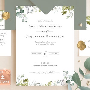 MUCA - Simple Greenery Wedding Invitation, Elegant Printable Invite Templates, DIY Editable Customizable Invites, Modern Delicate Watercolor