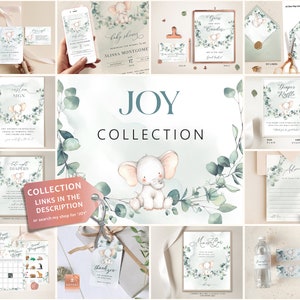 May include: A collection of printable baby shower decorations featuring a cute elephant with green eucalyptus leaves. The collection includes a welcome sign, diaper raffle tickets, a guest book, and more.