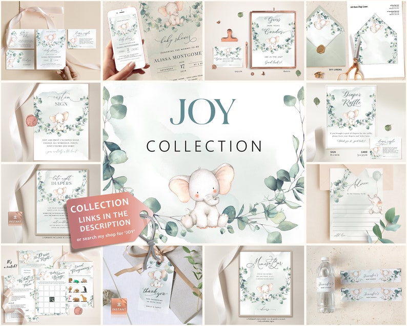 May include: A collection of printable baby shower decorations featuring a cute elephant with green eucalyptus leaves. The collection includes a welcome sign, diaper raffle tickets, a guest book, and more.
