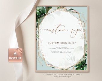 PAIGE - Tropical Custom Sign, Botanical Editable Template, Greenery Wedding Poster, Tropical Reception Decor, Printable Custom Signs