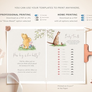 May include: A printable baby shower game with two illustrations. The left side features Winnie the Pooh and Piglet with the text "How big is her belly?" and instructions to cut a ribbon to guess the size of the baby. The right side features a kangaroo and a joey with the text "Baby Traits" and a list of traits for guests to guess which traits the baby will have.