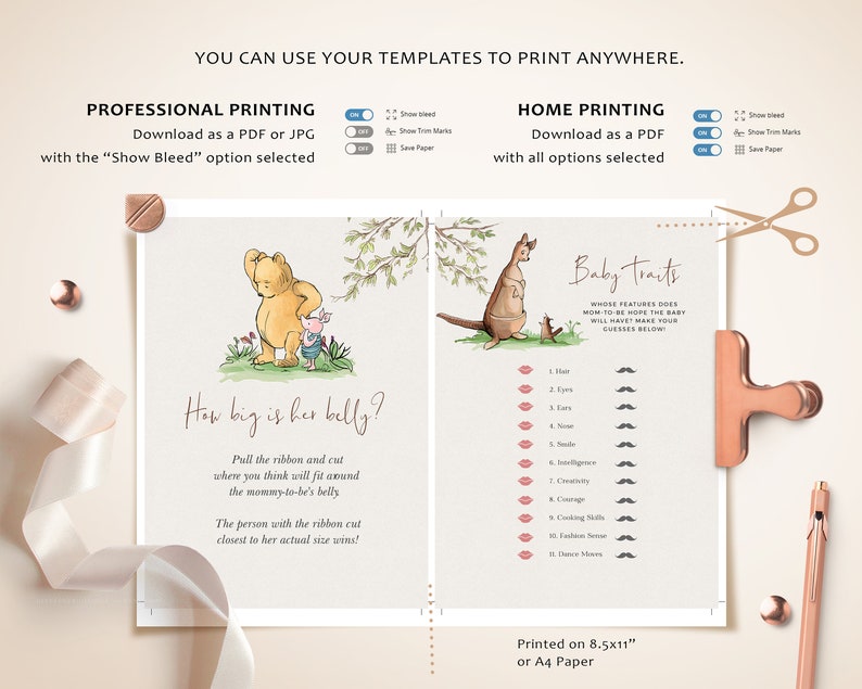 May include: A printable baby shower game with two illustrations. The left side features Winnie the Pooh and Piglet with the text "How big is her belly?" and instructions to cut a ribbon to guess the size of the baby. The right side features a kangaroo and a joey with the text "Baby Traits" and a list of traits for guests to guess which traits the baby will have.