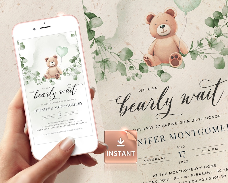 We Can Bearly Wait Baby Shower Evite Template Gender Neutral Etsy