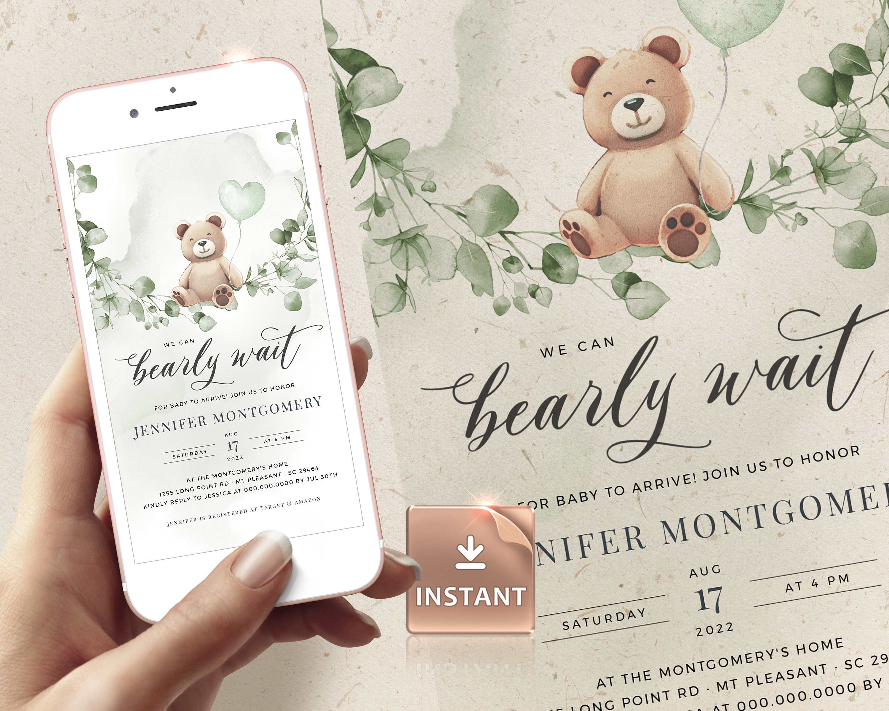 We Can Bearly Wait, Baby Shower Evite Template, Gender Neutral Baby Bear,  Electronic Eucalyptus Baby Shower, Editable Bear Invitation, FUZZY - Etsy