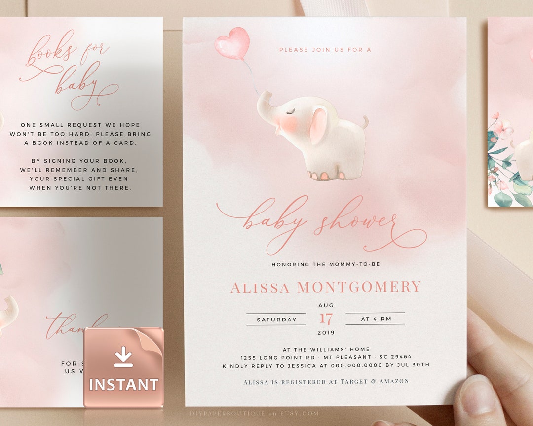 Pink Elephant Baby Shower Invitation: Girl Invite, Printable Template ...