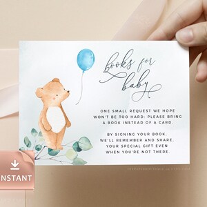 BALU - Livres d'ours pour cartes de bébé, modèle de douche de bébé, inserts d'ours de bébé aquarelle pour garçon, insert imprimable de douche de bébé d'eucalyptus