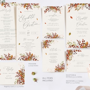 May include: Fall wedding invitation suite with a watercolor design of autumn leaves in shades of orange, red, and brown. The invitation includes a program, RSVP card, and details card. The text on the invitation reads "The Wedding of Elizabeth and Christian, Saturday, July 27, 2022, at 4 PM".