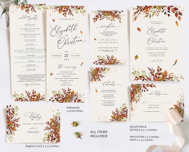 May include: Fall wedding invitation suite with a watercolor design of autumn leaves in shades of orange, red, and brown. The invitation includes a program, RSVP card, and details card. The text on the invitation reads "The Wedding of Elizabeth and Christian, Saturday, July 27, 2022, at 4 PM".