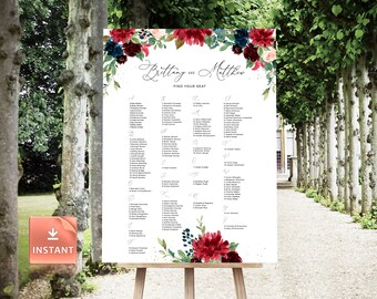 Plantilla de plano de asientos para boda con flores burdeos (descarga digital)