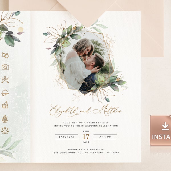 CLEO - Photo Wedding Invitation Folded, Bi-Fold Wedding Invite Template, Wedding Invitation Template Download, Foldable Picture Invite