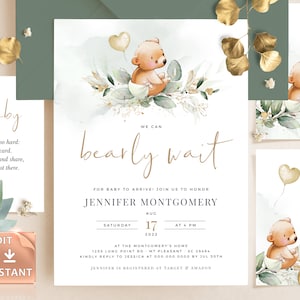SOFTY - Gold Grüner Bär Babypartyeinladung, druckbare geschlechtsneutrale Babypartyeinladung, Babypartyvorlage, bearbeitbare Boho Babykarten