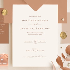 ELLE - Invitación de boda de óxido, plantillas de invitación de cobre, invitaciones elegantes, plantilla editable de color naranja quemado, paquete de detalles de confirmación de asistencia de agradecimiento