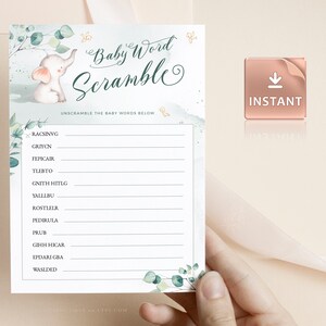May include: A printable baby shower game with a cute blue elephant illustration. The game is called "Baby Word Scramble" and asks players to unscramble the baby words below.