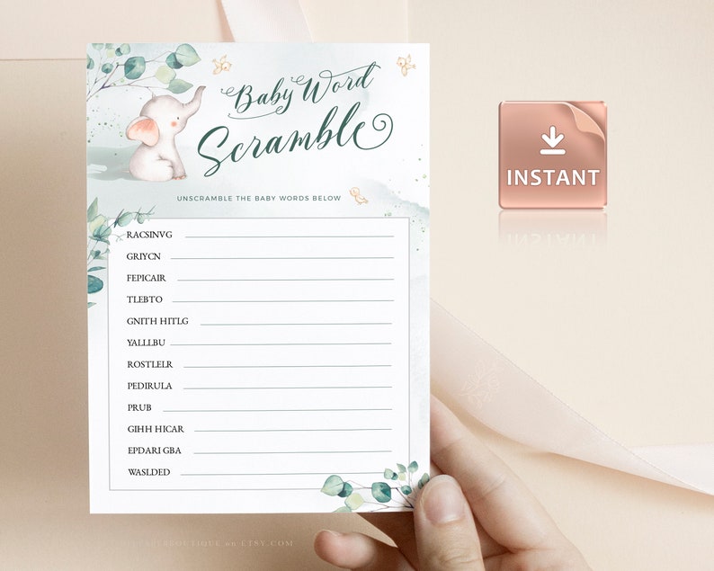May include: A printable baby shower game with a cute blue elephant illustration. The game is called "Baby Word Scramble" and asks players to unscramble the baby words below.