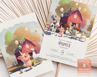 Farm Animals Birthday Invitation: Editable Barnyard Party (Digital Download)