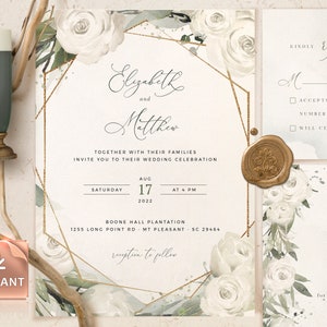 White Roses Wedding Invitation Template: Greenery Eucalyptus Bundle (Digital Download)