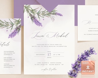 Lavender Rosemary Wedding Invitation Template: Purple Watercolor (DIY Instant Download)