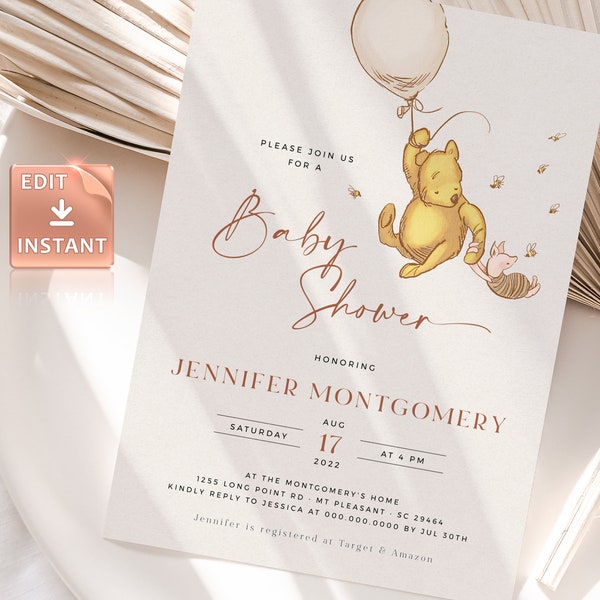 POOH - Bär Baby Shower Einladung, klassische Winnie-The-Pooh Baby Sprinkle, Milne & Shepard Vintage, Pooh Ferkel Ballon, bearbeitbare Vorlage