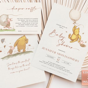POOH - Bear Baby Shower Uitnodiging, Klassieke Winnie-The-Pooh Baby Strooi, Luierloterij, Boekverzoek, Bedankkaart, Bewerkbare sjabloon