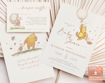 POOH - Bear Baby Shower Invitation, Classic Winnie-The-Pooh Baby Sprinkle, Diaper Raffle, Book Request, Thank You Card, Editable Template