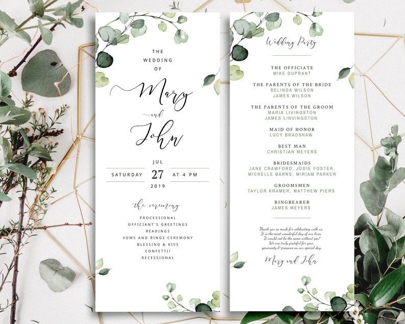 Rustic Boho Eucalyptus Wedding Program Template Individual Etsy
