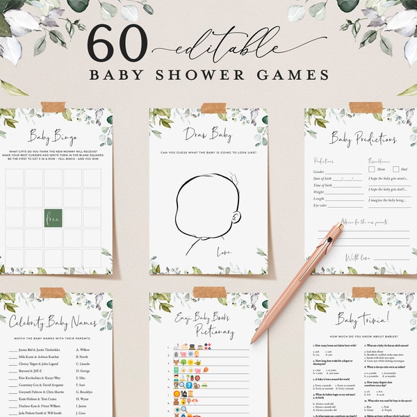 Editable Baby Shower Games, 60 Baby Shower Games Bundle, Download, Baby Shower Games, Printable Baby Party Games, Virtual Baby Games REESE