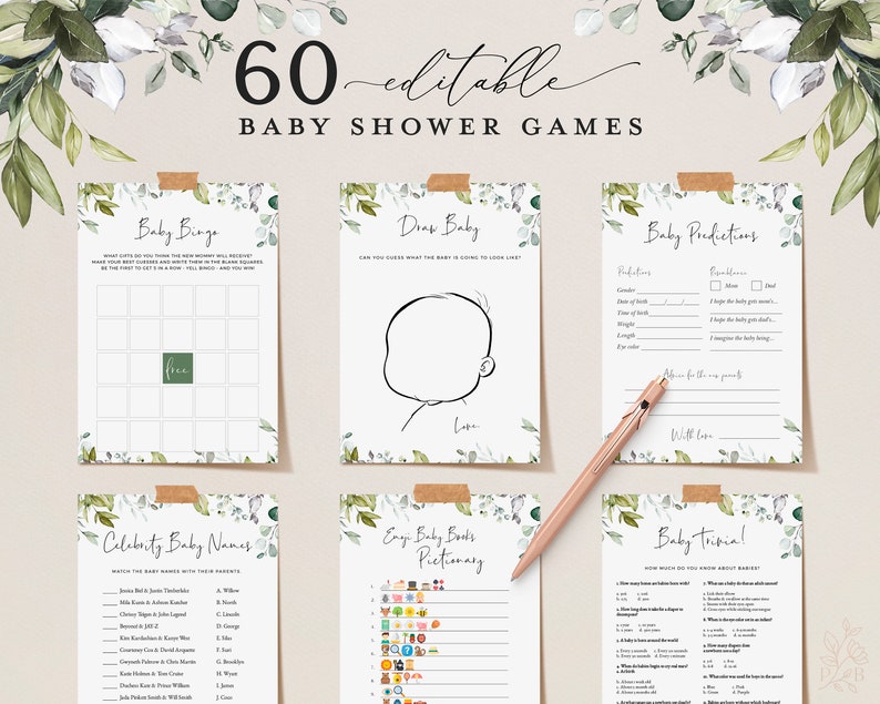 Editable Baby Shower Games, 60 Baby Shower Games Bundle, Download, Baby Shower Games, Printable Baby Party Games, Virtual Baby Games REESE image 1
