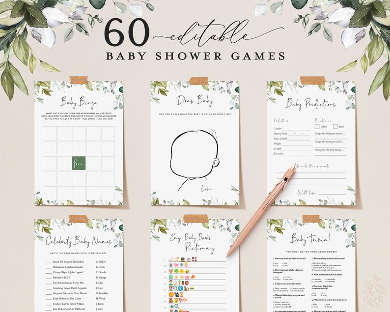 REESE - 60 Editable Baby Shower Games, Baby Shower Games Bundle, Download, Baby Shower Games, Printable Baby Party Games, Virtual Baby Games