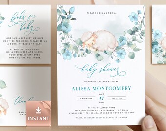 May include: A baby shower invitation with a watercolor illustration of a sleeping lamb surrounded by blue flowers and green leaves. The invitation is for Alissa Montgomery and includes the date, time, and location of the shower. The text "books for baby" is also included on the invitation.