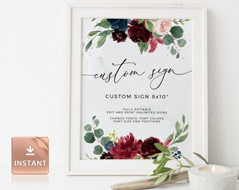 Burgundy Greenery Wedding Sign: Editable Reception Decor (8x10" Template)