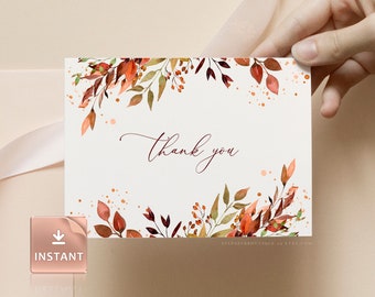 SIENNA - Printable Thank You Card, Fall Watercolor Greenery Leaves, Tent Folded and Single, Editable Template, Thank You Cards Wedding