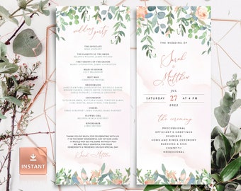 Blush Roses Wedding Program Template: Pink Greenery (Editable, Printable)