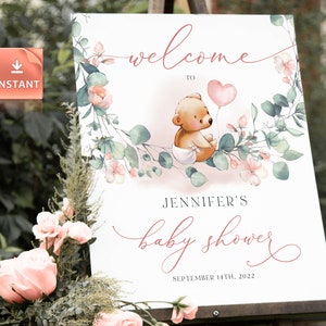 BooBoo - Cartello di benvenuto per bambina rosa, cartello per baby shower, cartello di benvenuto modificabile, cartello di benvenuto, poster di benvenuto, segnaletica di benvenuto dell'orso
