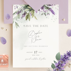 LAMI - Lavender Editable Save the Date Template, Purple Save Our Date, Printable Lilac Template, DIY Editable Custom Wedding Announcements