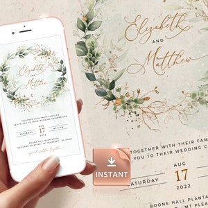 CLEO - Iphone Wedding Evite Template, Smartphone Electronic Invitation, Greenery Digital Invite, Mobile Invitation Editable Instant Download