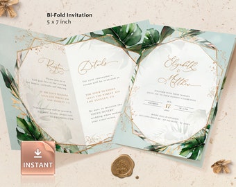 PAIGE - Folded Botanical Wedding Invitation Template, Bi-Fold Wedding Invite Template, Wedding Invitation Template Download, Foldable Invite