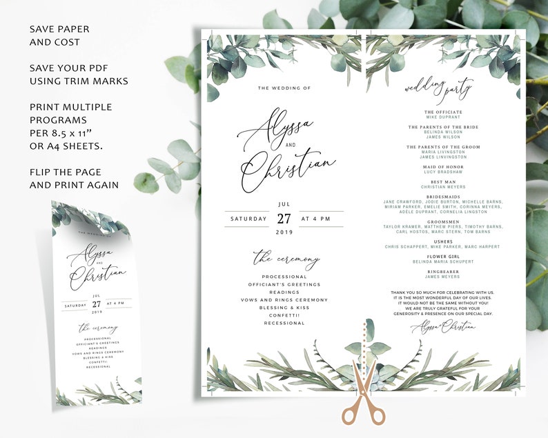 MARI Trifold Wedding Programs with Eucalyptus, Folded Boho Ceremony Template, Rustic Rosemary Greenery Download, Editable Order Of Service image 9