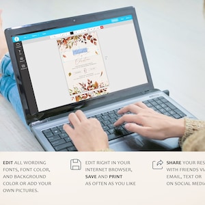 Może przedstawiać: Laptop wyświetlający cyfrowe zaproszenie z jesiennym motywem. Zaproszenie zawiera akwarelowe tło z liśćmi w odcieniach pomarańczowego, czerwonego i ż&oacute;łtego. Tekst na zaproszeniu brzmi "Elizabeth & Christian" i zawiera datę i godzinę. Obraz przedstawia osobę korzystającą z laptopa do edycji zaproszenia.