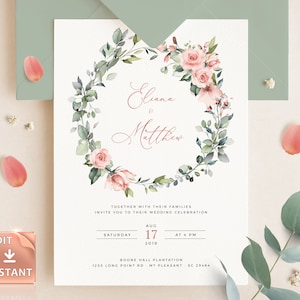 Rose Greenery Wedding Invitation Template: Red Roses & Peonies (DIY Printable)