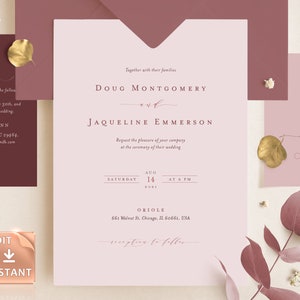 ELLE - Invitación de boda Dusty Rose, plantillas de invitación malva, invitaciones elegantes, plantilla editable Mist Rose, paquete de detalles de confirmación de asistencia de agradecimiento