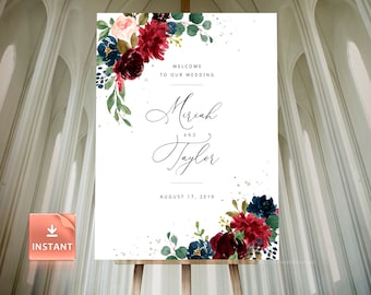 Custom Wedding Welcome Sign: Burgundy Floral, Editable Template