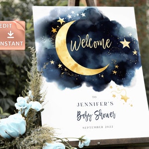 Bearbeitbares Over The Moon Baby Shower Willkommensschild Blau Gold Set Himmel Sterne druckbare digitale Vorlage Space Galaxy Sofort Download DIY Poster
