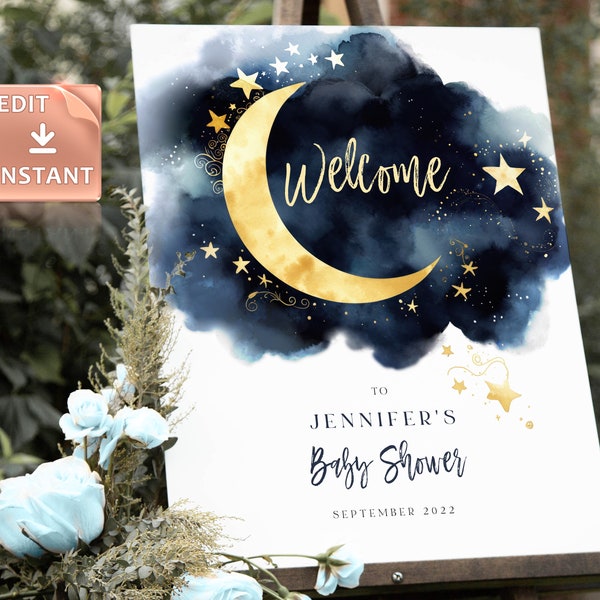 Editable Over The Moon Baby Shower Welcome Sign Blue Gold Set Sky Stars Printable Digital Template Space Galaxy Instant Download DIY Poster