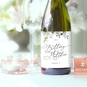 REESE - Printable Wine Bottle Label Template, Wedding Wine Sticker, Instant Download, Editable Text, Boho Eucalyptus Greenery Calligraphy