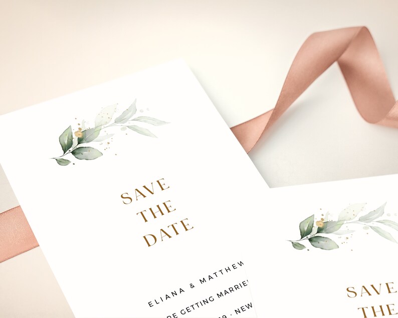 CLEO Printable Save the Date Card INSTANT DOWNLOAD Printable Editable Save the Date Template Bohemian Greenery with Eucalyptus and Gold