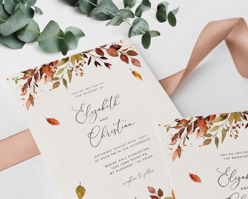 SIENNA BOHO Fall Wedding Invitation Template, Autumn Leaves and Greenery, INSTANT Download Editable Suite, Printable Marriage, Fall Bundle image 6