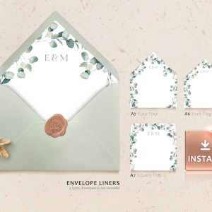 LAILA - Druckbare Umschlageinlage, A6 und A7 Euro Flap & Quadratische Klappe Vorlage mit Eukalyptus Greenery Laub, SOFORTIGER DOWNLOAD, printable